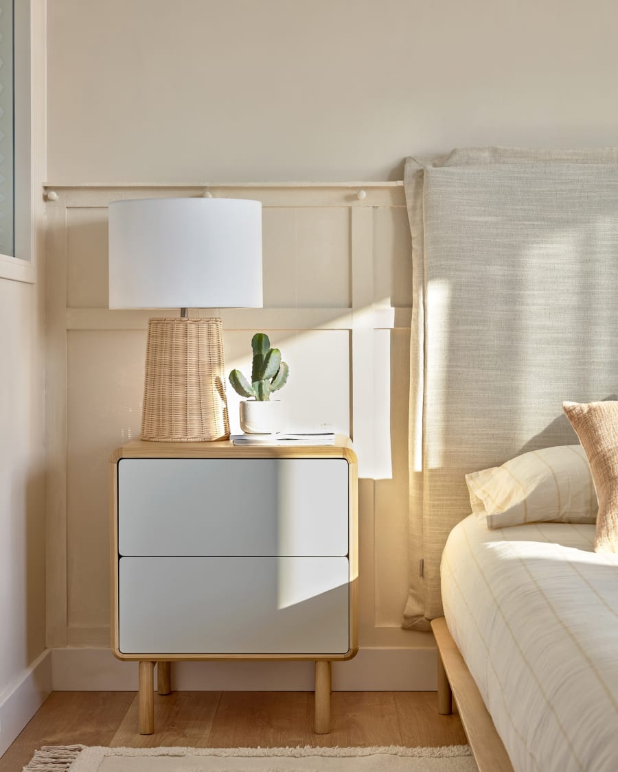 Japandi Wood and Grey Bedside Table in ash veneer
