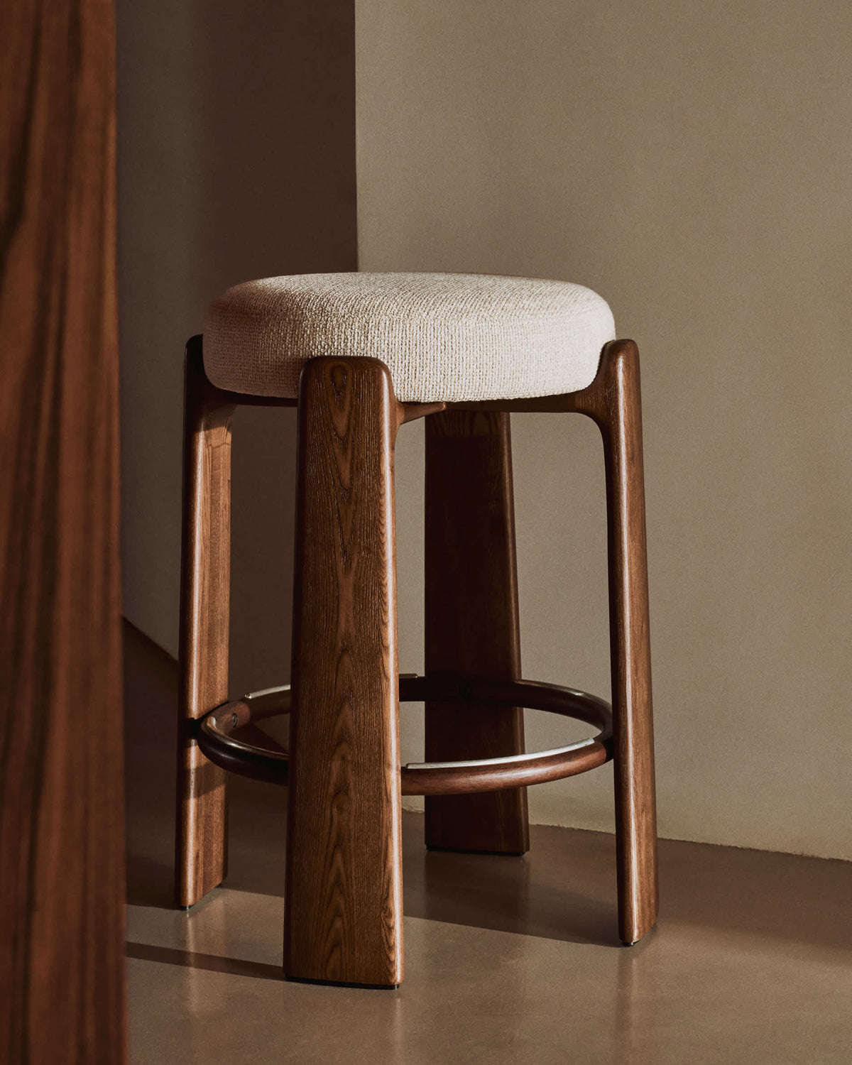Beige Japandi Low Stool in chenille with solid ash legs