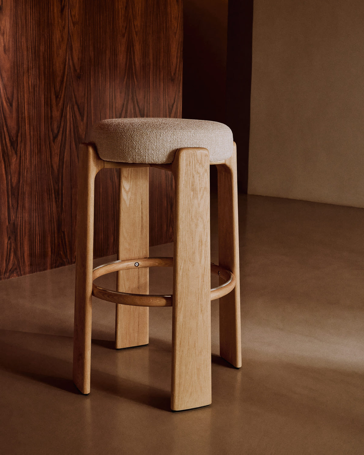 Japandi Footrest Stool in beige chenille with ash legs