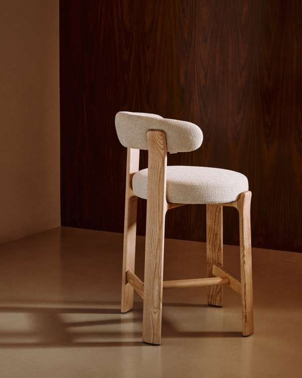 Japandi Lightwood Stool In Beige Chenille