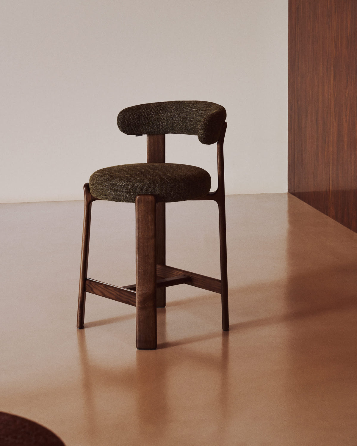 Japandi Walnut Stool In Green Chenille