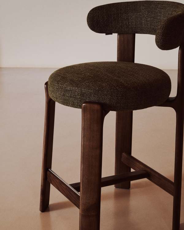 Japandi Walnut Stool In Green Chenille