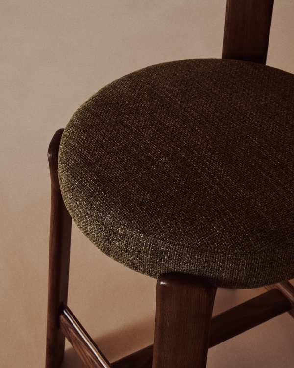 Japandi Walnut Stool In Green Chenille