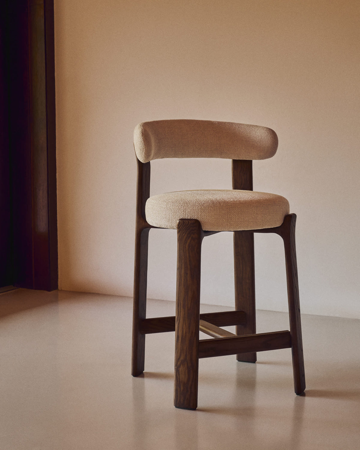 Beige Chenille Japandi Stool Walnut Finish 65cm with ash legs