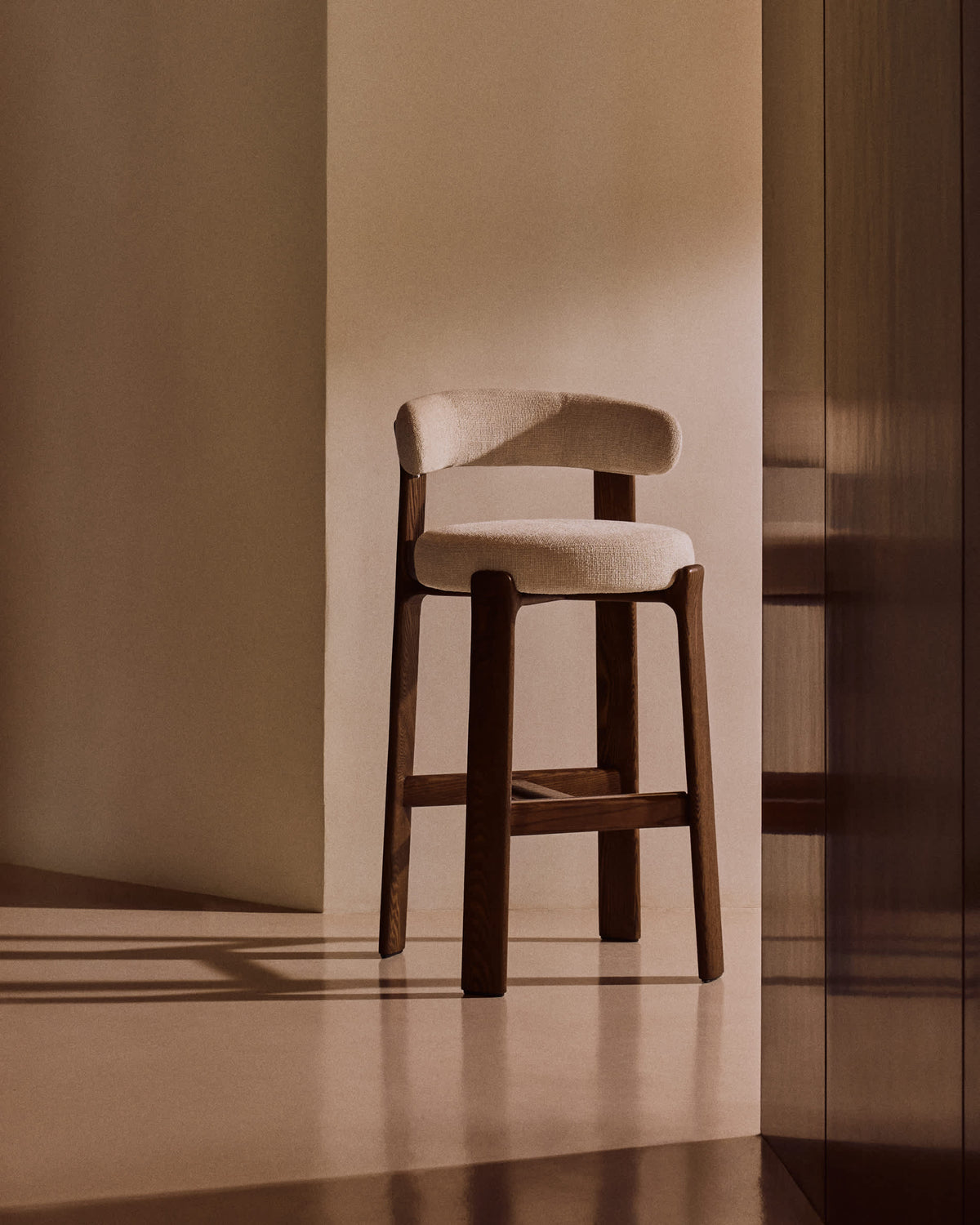 Japandi Walnut Stool In Beige Chenille