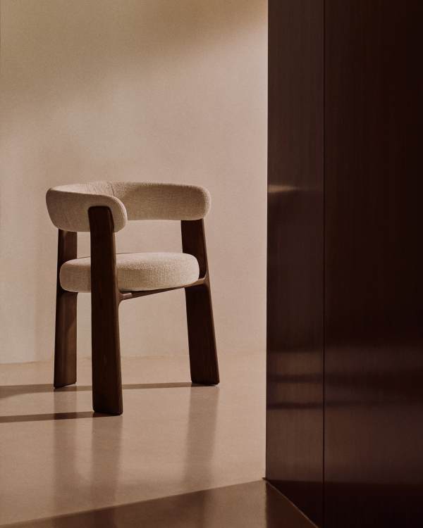 Beige Chenille Japandi Chair Walnut Finish with solid ash legs