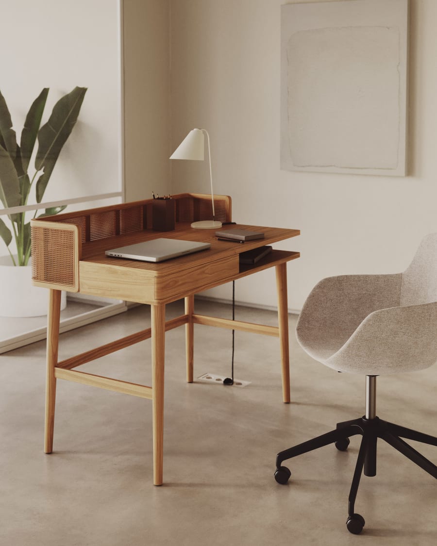 Japandi Wood and Rattan Desk