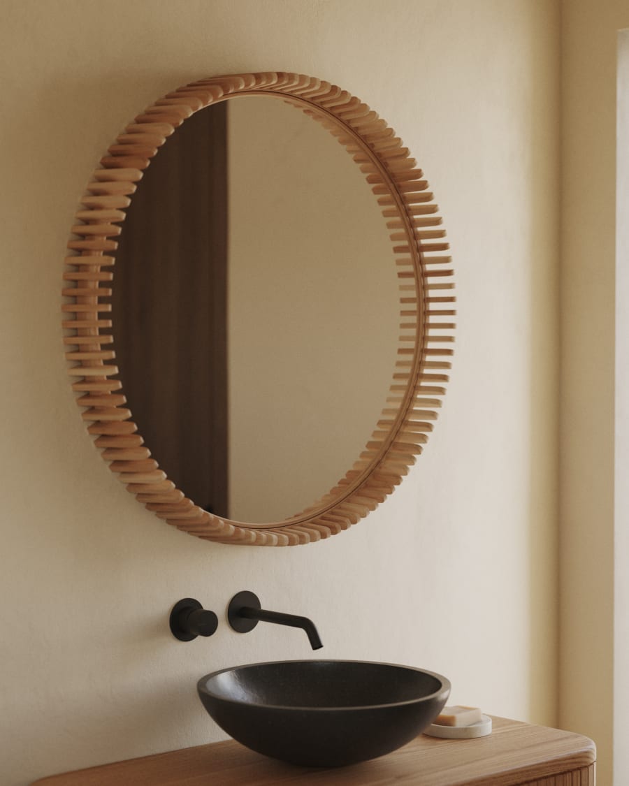Round Teak Japandi Mirror Ø80cm