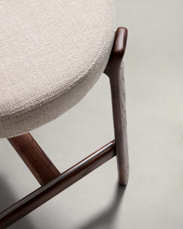 Beige Chenille Japandi Stool Walnut Finish 65cm