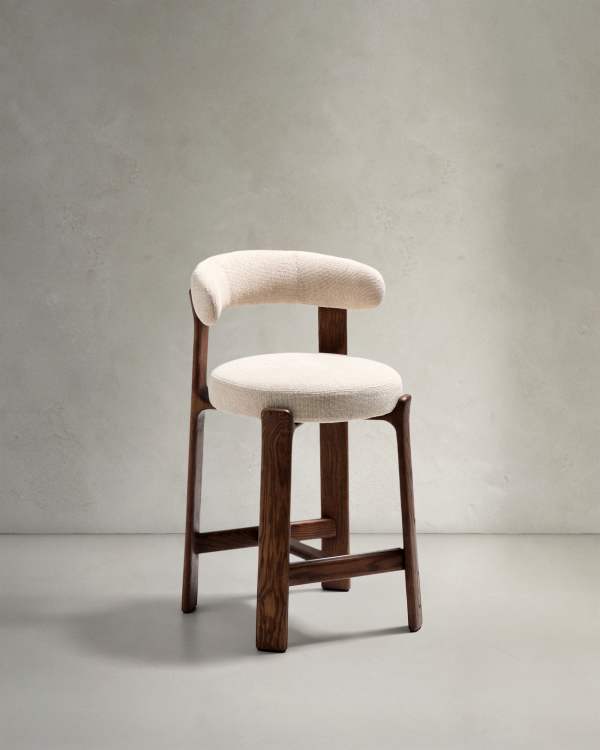 Beige Chenille Japandi Stool Walnut Finish 65cm