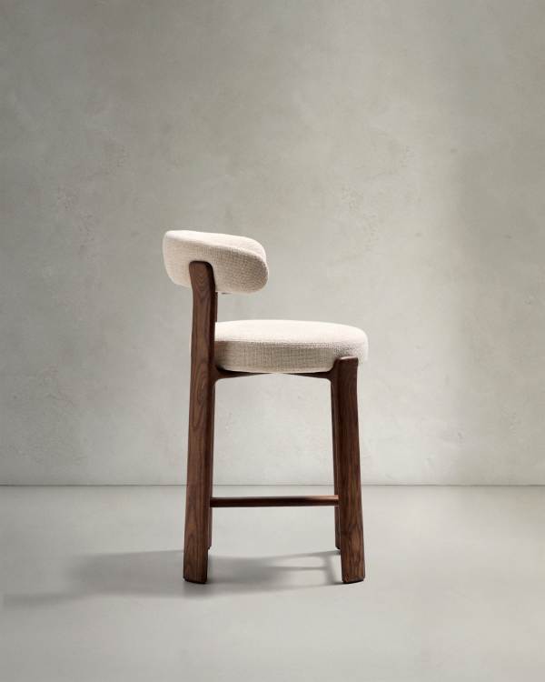 Beige Chenille Japandi Stool Walnut Finish 65cm