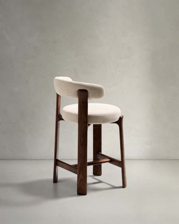 Beige Chenille Japandi Stool Walnut Finish 65cm