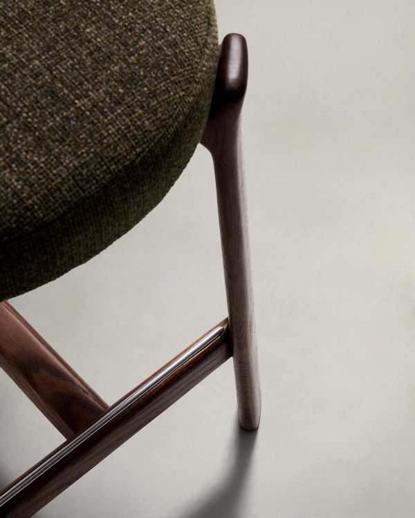 Japandi Walnut Stool In Green Chenille