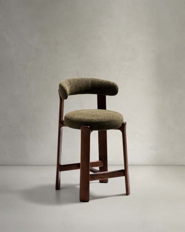Japandi Walnut Stool In Green Chenille with ash legs