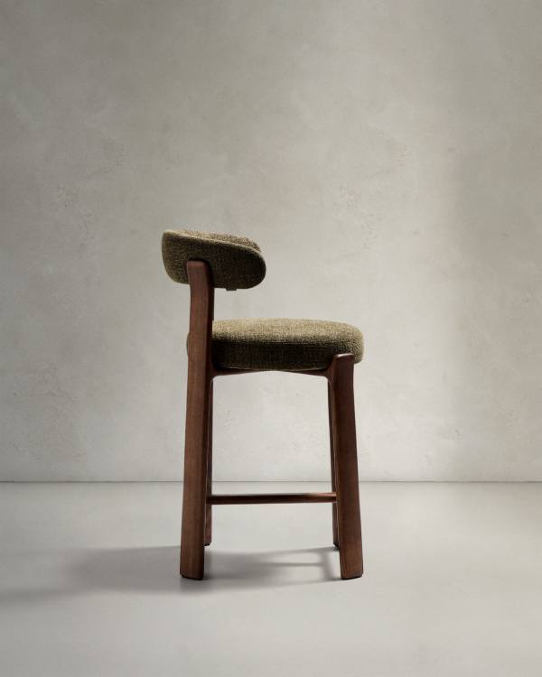 Japandi Walnut Stool In Green Chenille