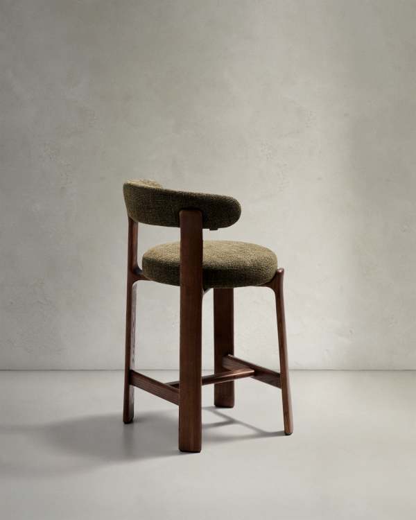 Japandi Walnut Stool In Green Chenille