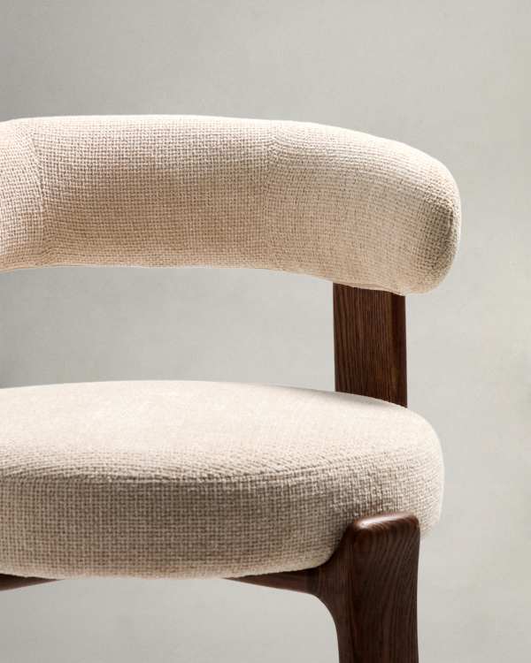 Japandi Walnut Stool In Beige Chenille