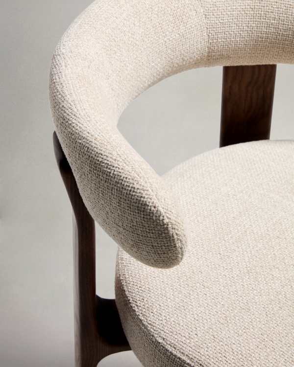 Japandi Walnut Stool In Beige Chenille