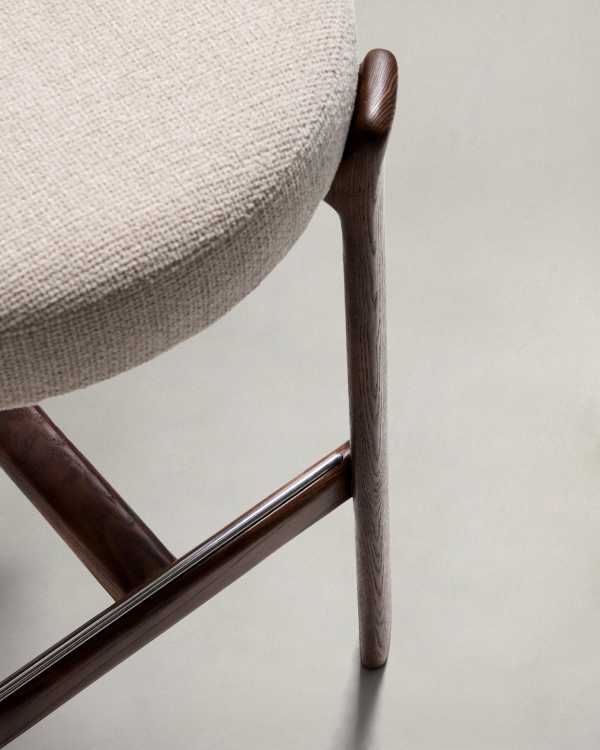 Japandi Walnut Stool In Beige Chenille