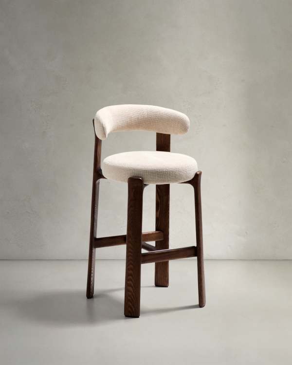 Japandi Walnut Stool In Beige Chenille with ash frame