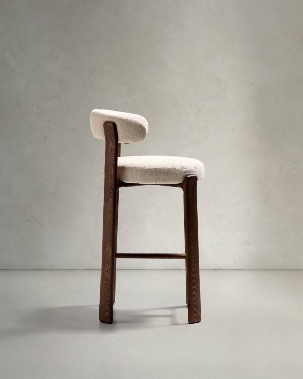 Japandi Walnut Stool In Beige Chenille