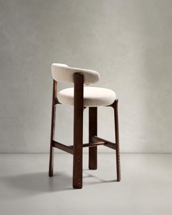 Japandi Walnut Stool In Beige Chenille