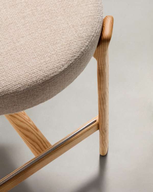 Japandi Lightwood Stool In Beige Chenille