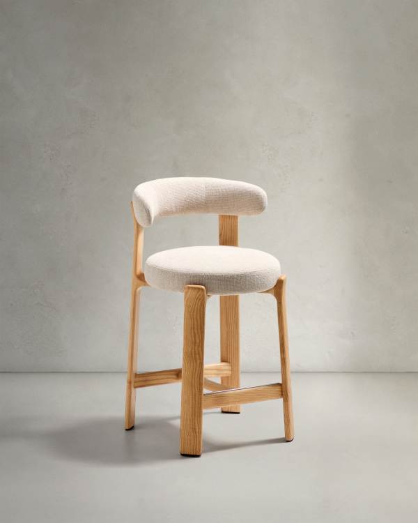 Japandi Lightwood Stool In Beige Chenille with natural ash legs