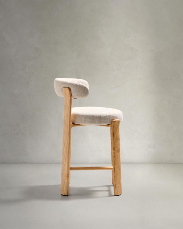 Japandi Lightwood Stool In Beige Chenille
