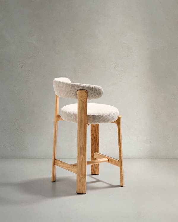 Japandi Lightwood Stool In Beige Chenille