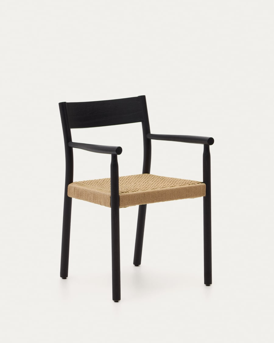 Black Japandi Chair with Armrests in solid oak and paper rope