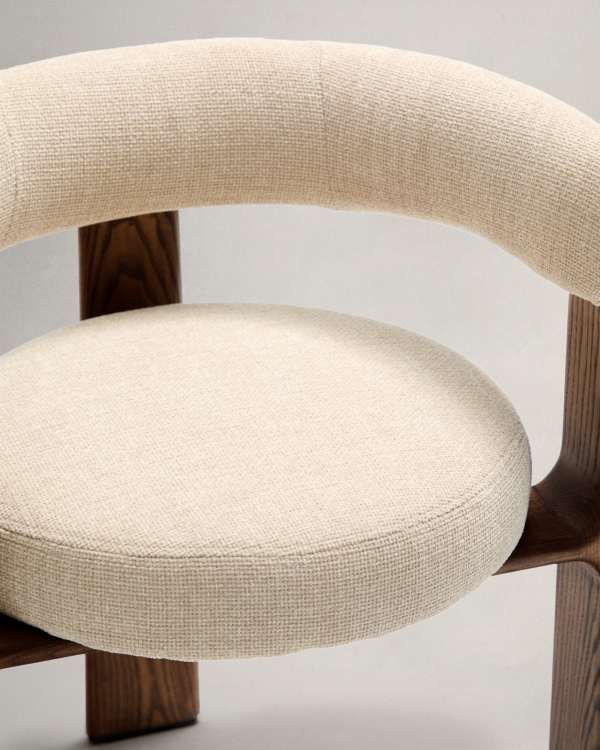Beige Chenille Japandi Chair Walnut Finish