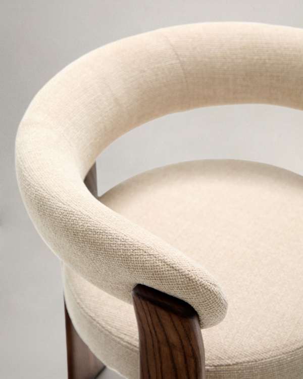 Beige Chenille Japandi Chair Walnut Finish
