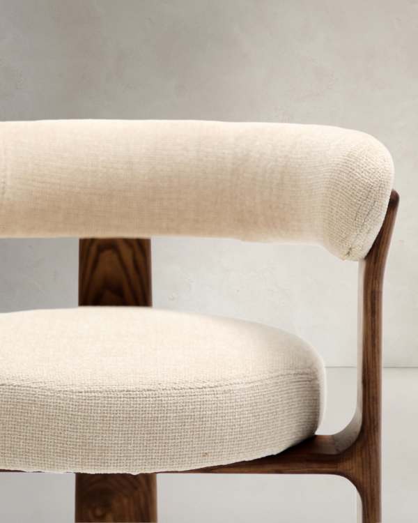 Beige Chenille Japandi Chair Walnut Finish