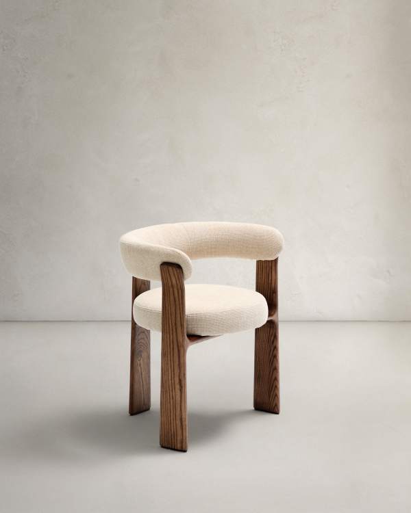 Beige Chenille Japandi Chair Walnut Finish
