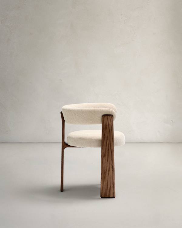Beige Chenille Japandi Chair Walnut Finish