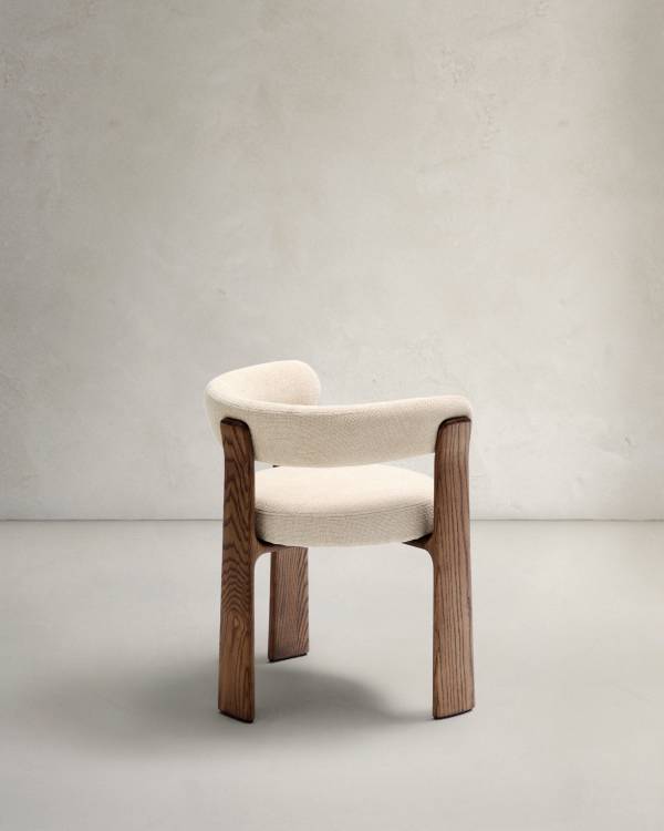 Beige Chenille Japandi Chair Walnut Finish