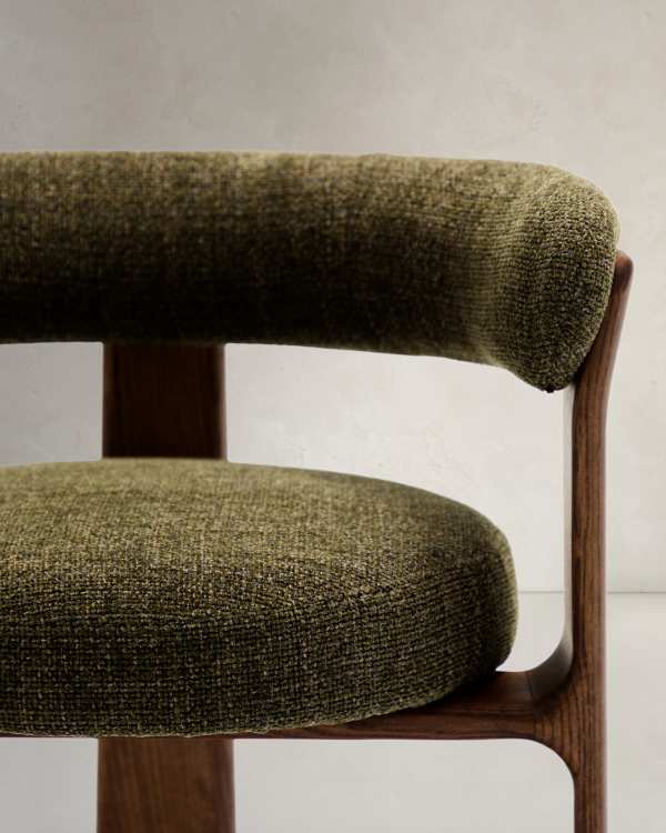 Green Chenille Japandi Chair Walnut Finish