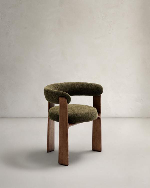 Green Chenille Japandi Chair Walnut Finish
