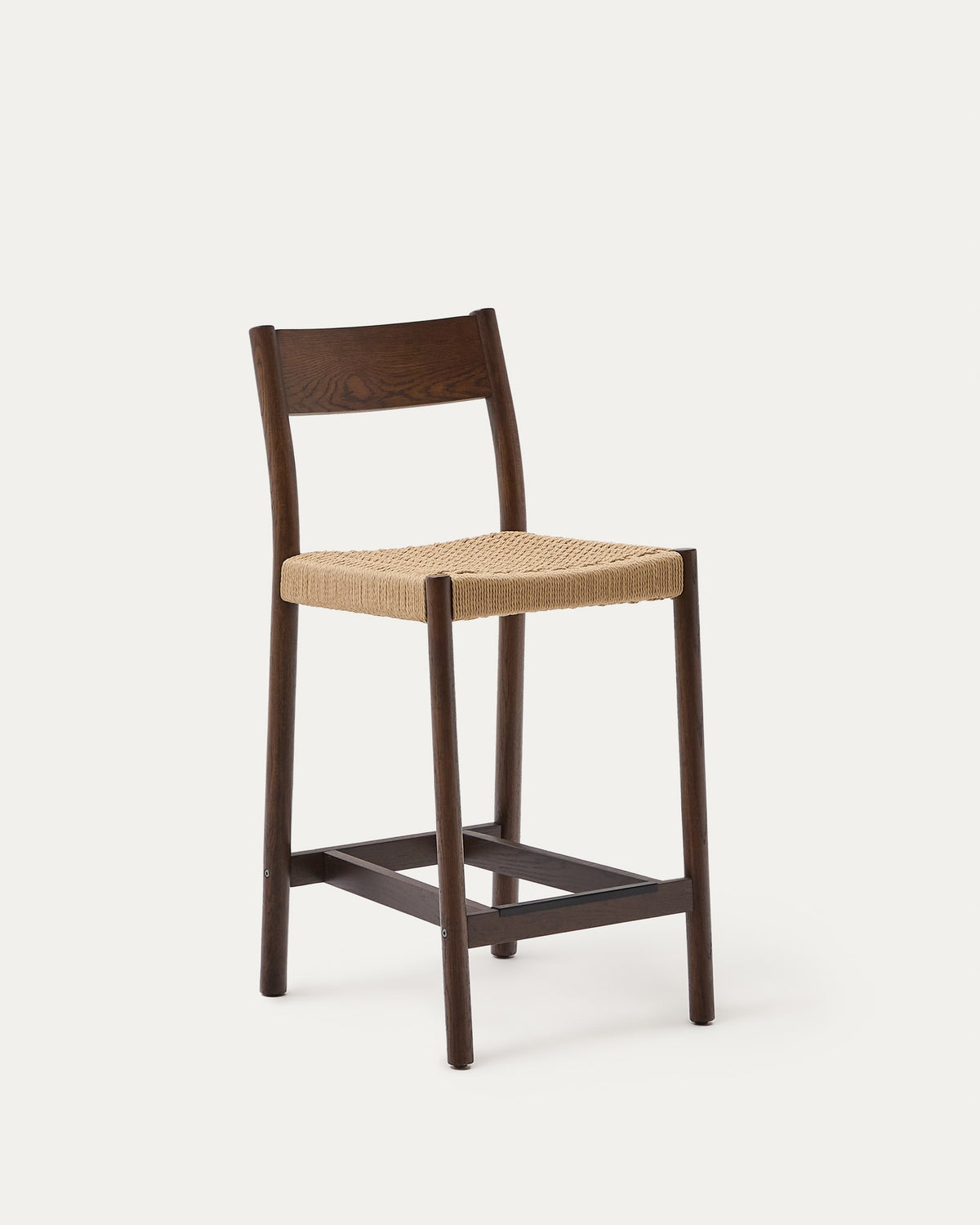 Japandi Walnut Stool with Backrest in solid oak and paper cord