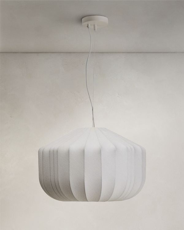 White Japandi Hanging Lamp in spun fibre