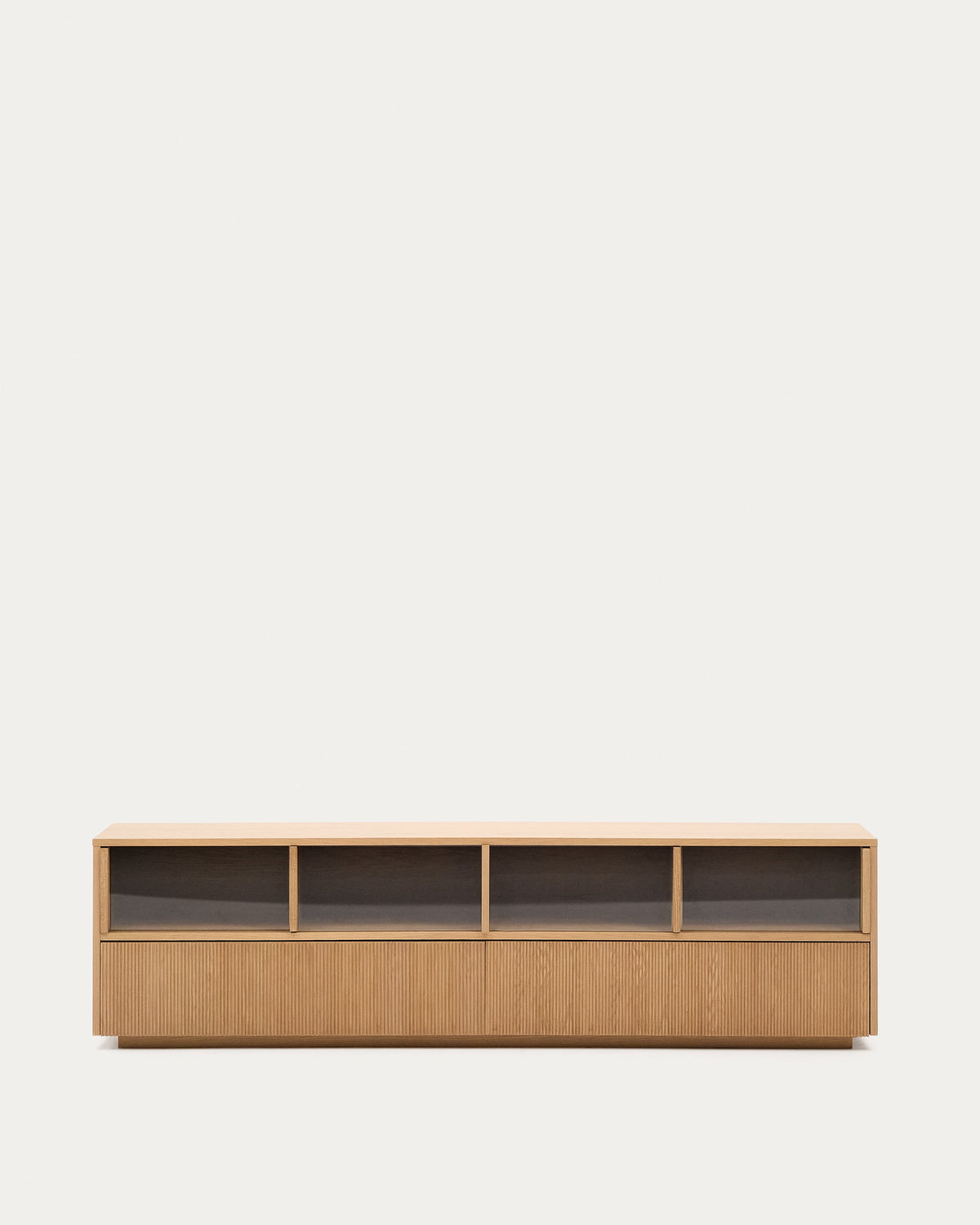 Japandi Wood & Glass TV Stand in oak veneer and tempered glass