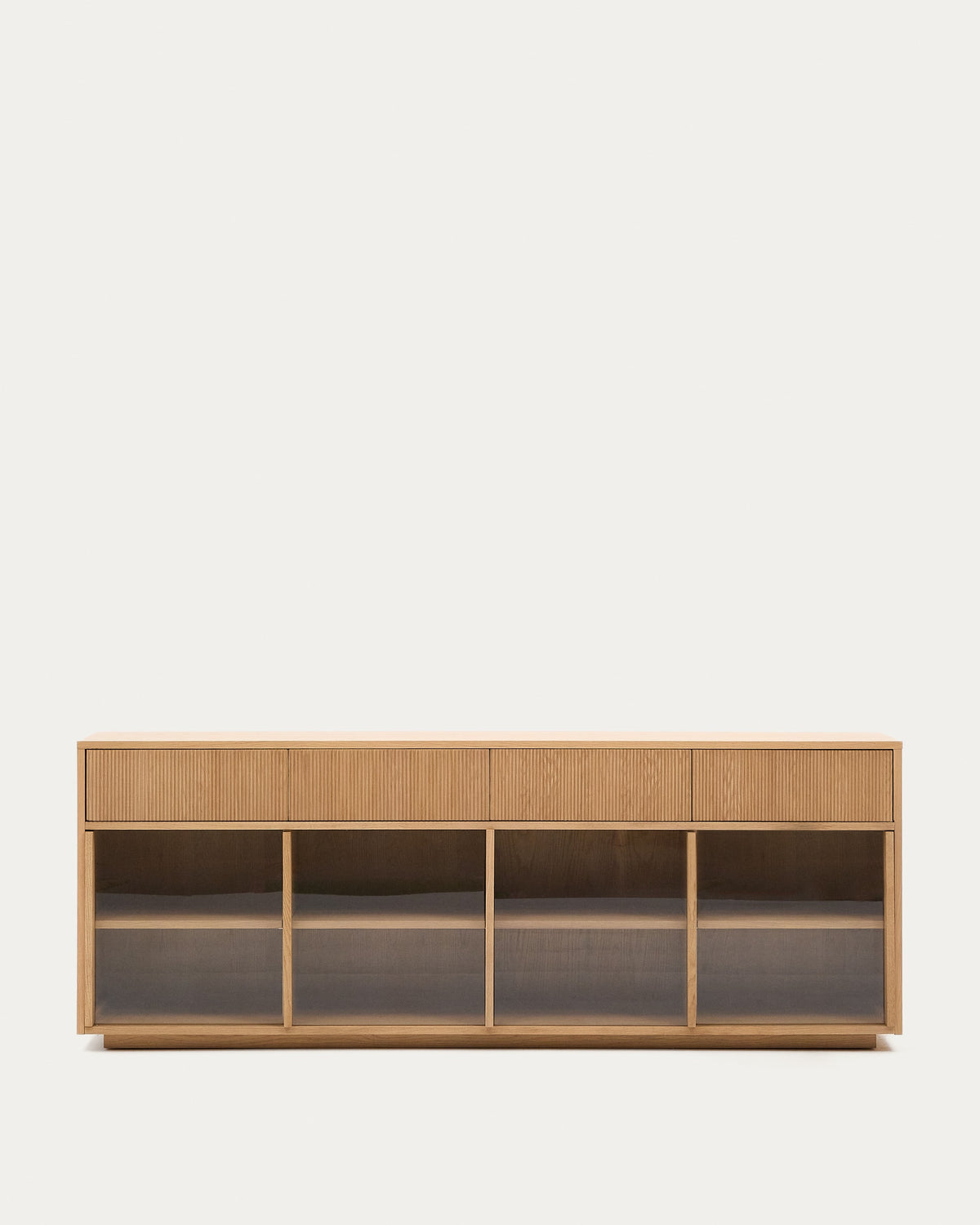 Japandi Wood & Glass Sideboard in oak veneer and tempered glass