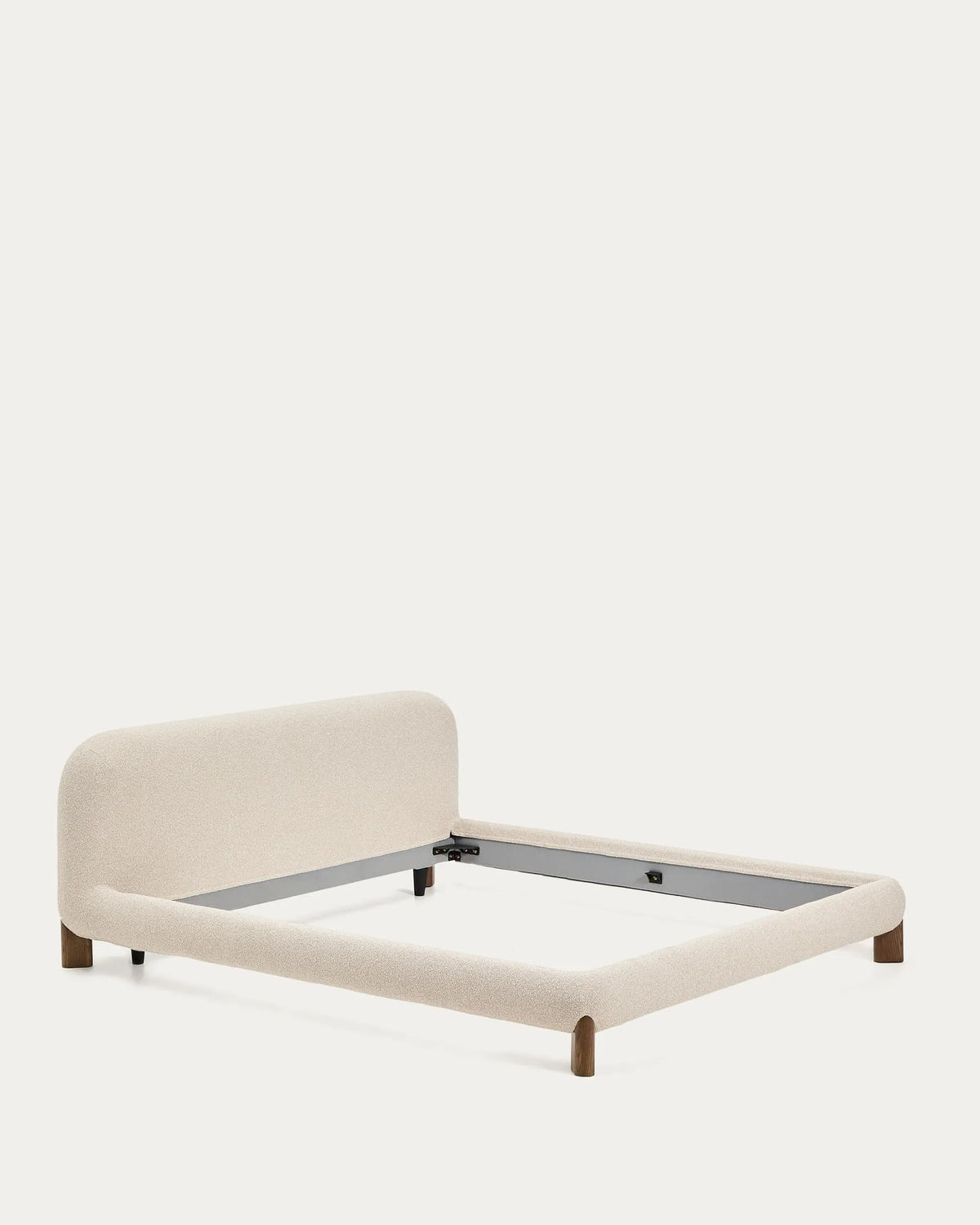 Ecru Bouclé Japandi Bed with Walnut Legs 180x200cm