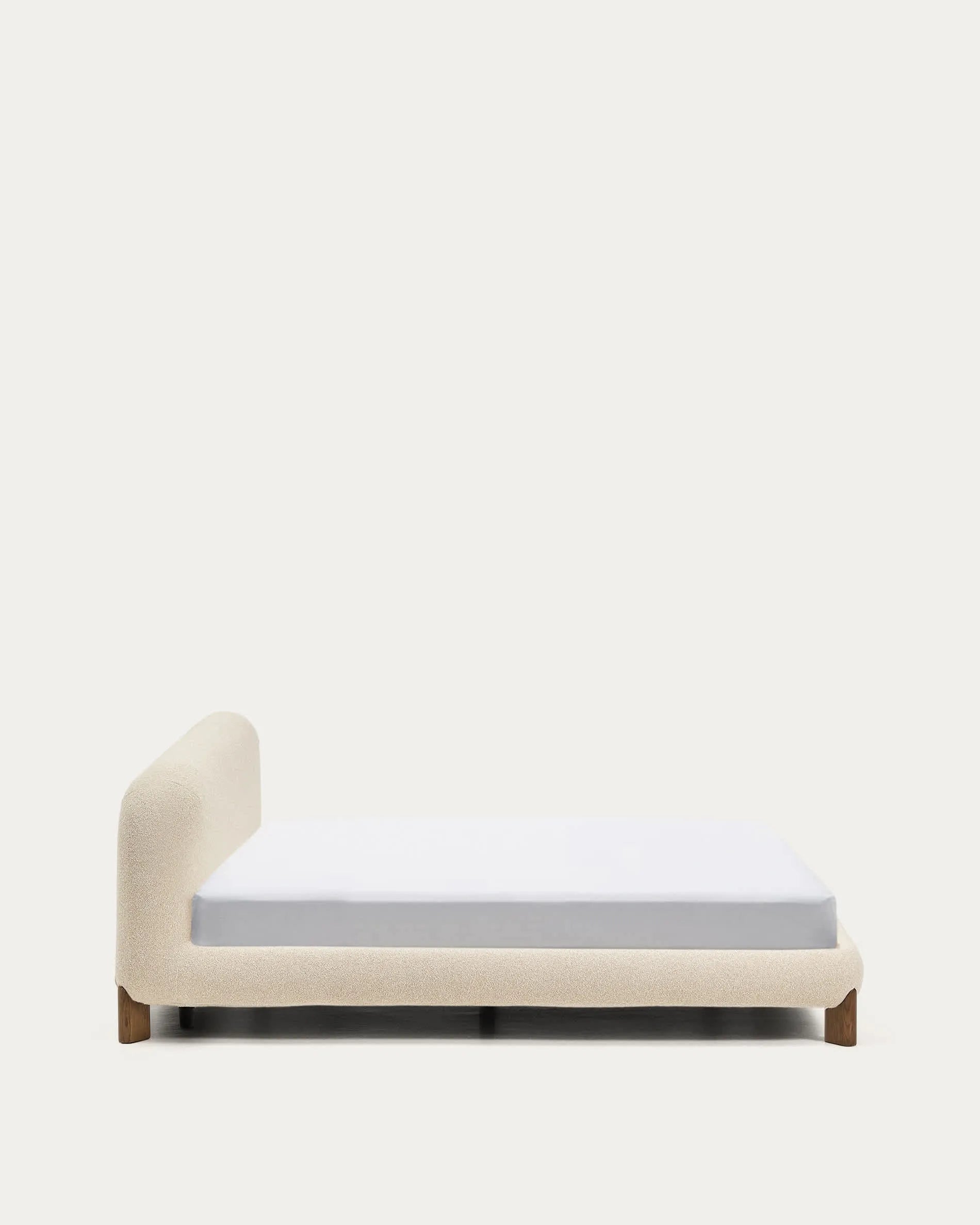 Ecru Bouclé Japandi Bed with Walnut Legs 180x200cm