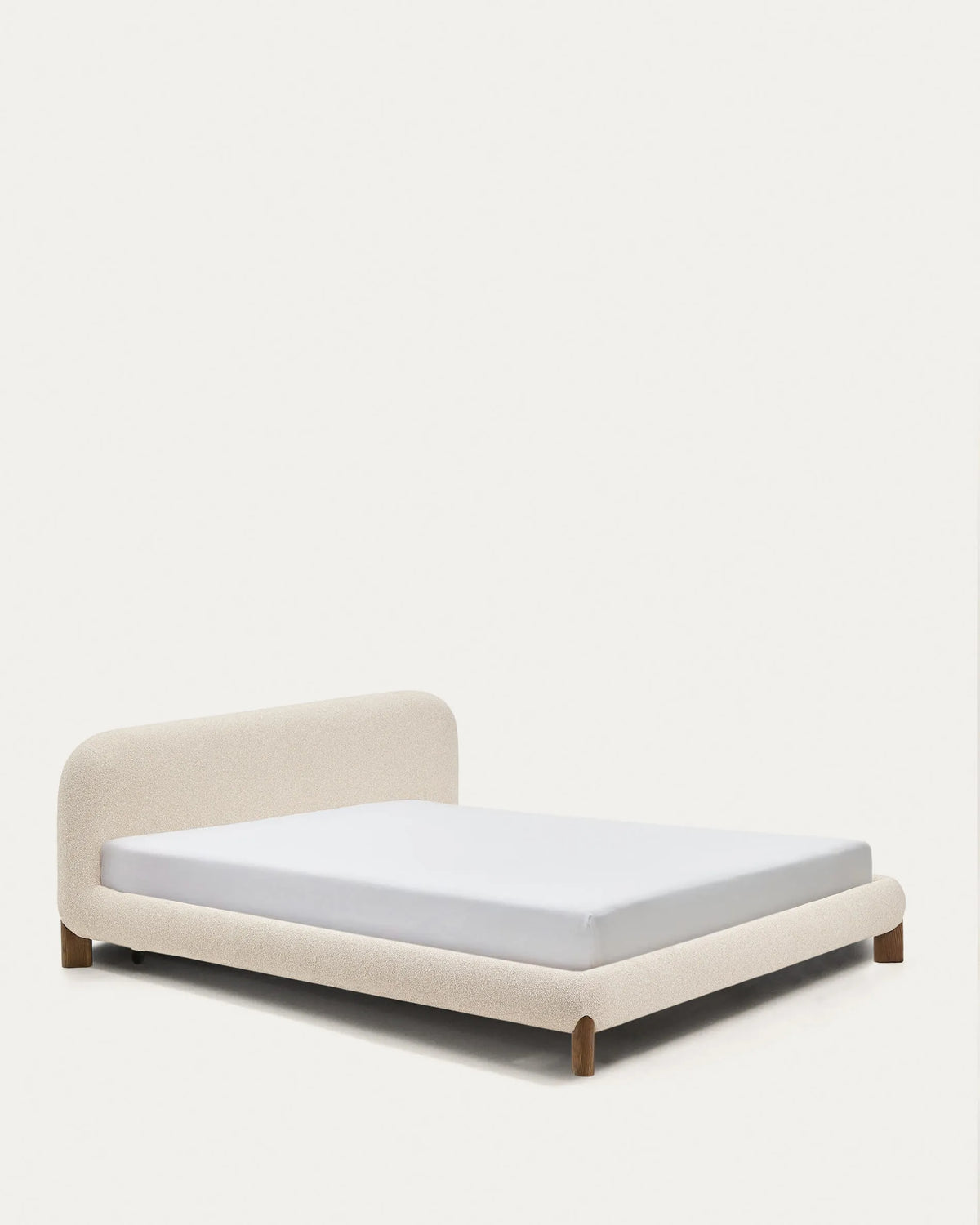 Ecru Bouclé Japandi Bed with Walnut Legs 180x200cm