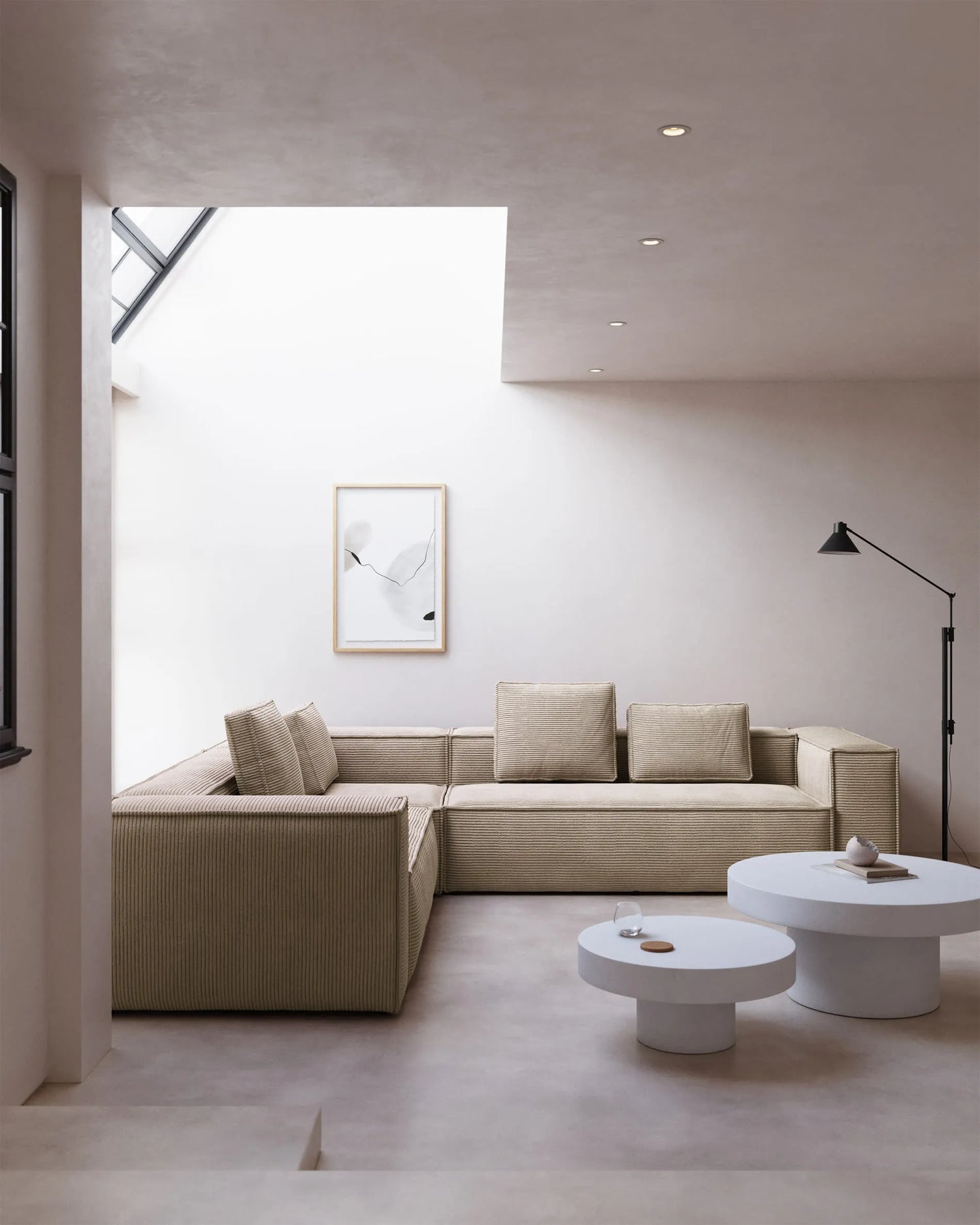 Ecru Corduroy 4 Seater Japandi Corner Sofa in thick corduroy