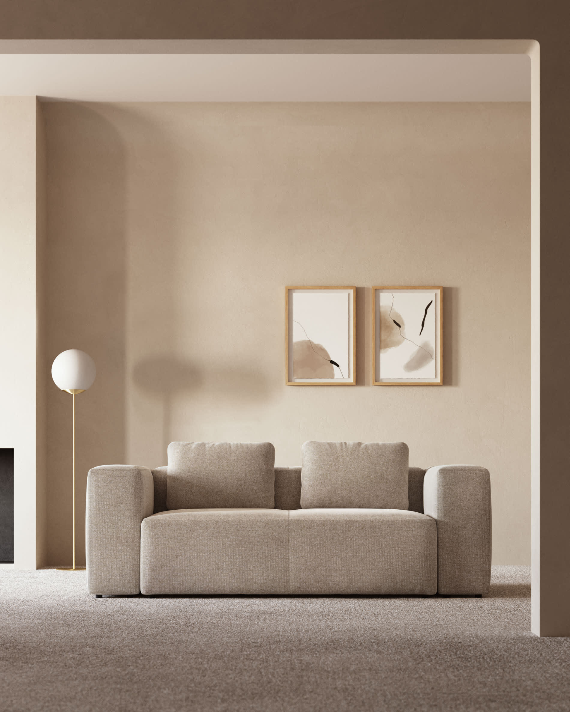 Beige 2 Seater Japandi Sofa in beige chenille