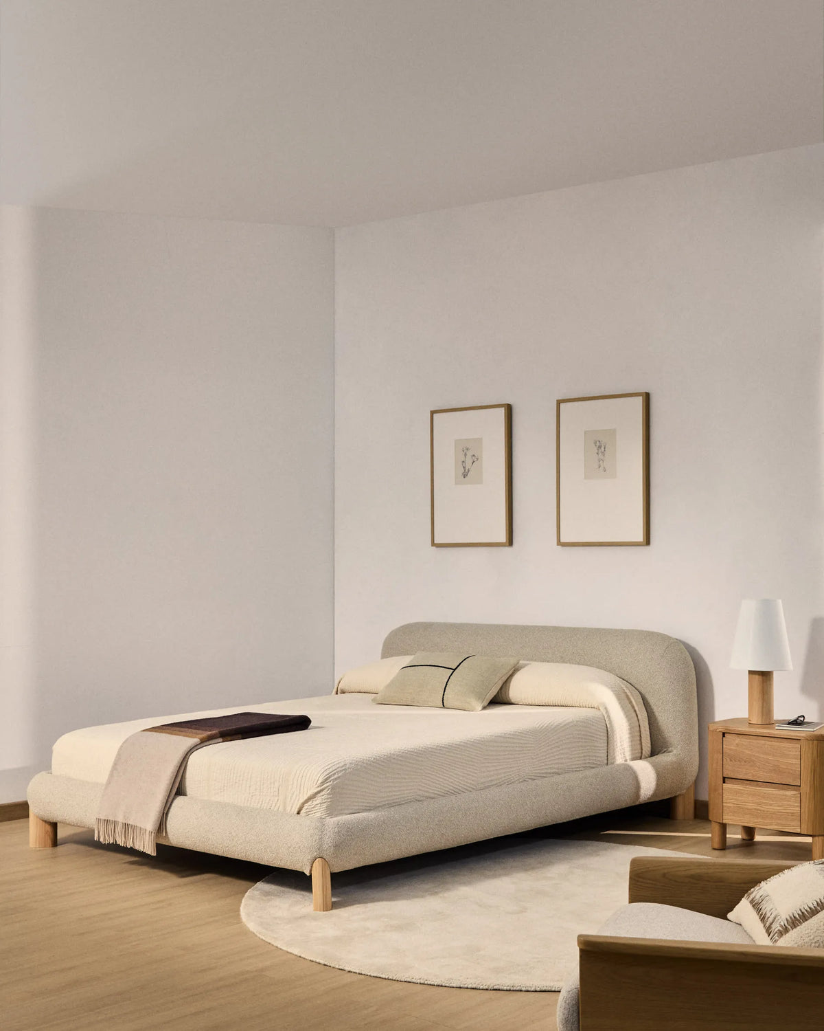 Ecru Bouclé Japandi Bed with Light Wood Legs 180x200cm