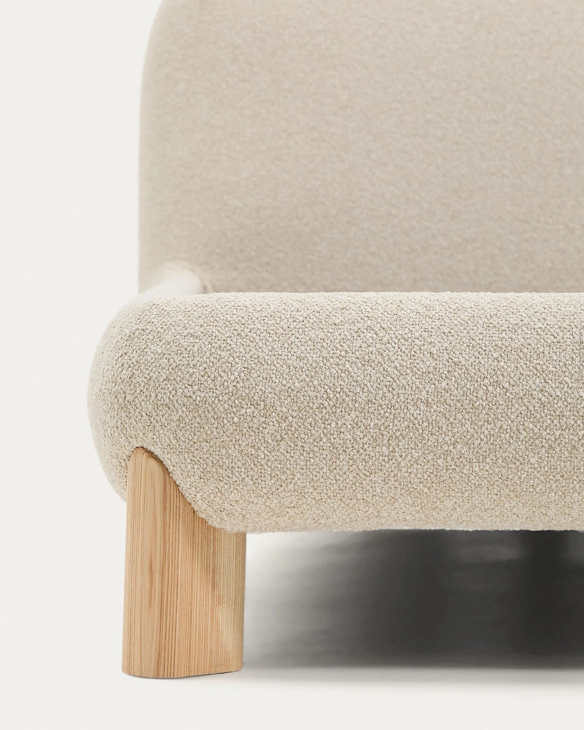 Ecru Bouclé Japandi Bed with Light Wood Legs 180x200cm